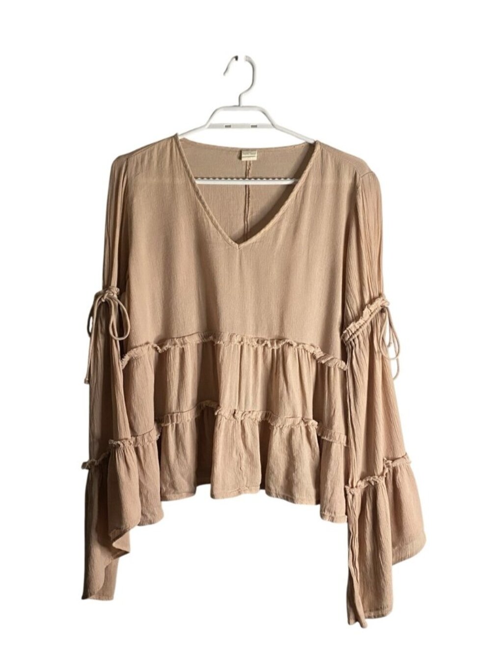 Wild Pearl Woman’s Soft Pink Tiered Whimsical Ruffle V-Neck Cottage Core Blouse